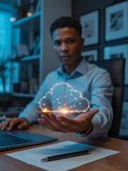 Innovative Professional Showcasing Virtual Cloud Technology in a Modern Office Setting with Engaging Digital Elements and a Focused Attitude Towards Future Solutions