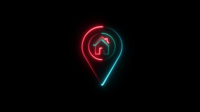 Glowing neon location with house icon and location map pin animation, glowing gps location icon animation GPS icon vector logo design, Map pointer icon, Pin location symbol ,on a black background.
