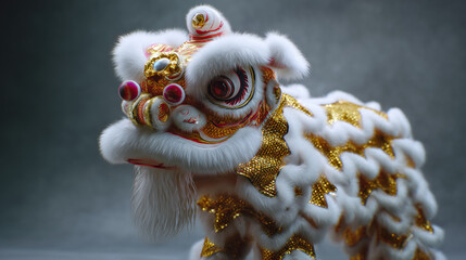 Chinese lion dance costume in traditional style in gold and white colors for festivals
