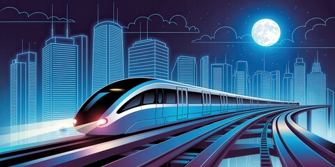 Modern train speeds through vibrant cityscape under moonlight, offering smooth and efficient transportation for urban commuters and seamless city connections