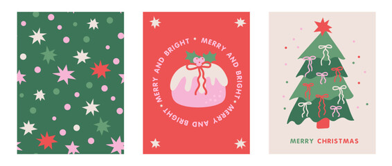 Whimsical Merry Christmas and Happy New Year greeting card set. Modern simple Xmas design with Christmas tree decorated with bows, cake and confetti pattern design. Minimal art banner, poster, cover
