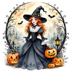 Vintage Victorian style dark academia witch in a corder of black leaves and foliage and pumpkin jack o lanterns, watercolor illustration, isolated. 