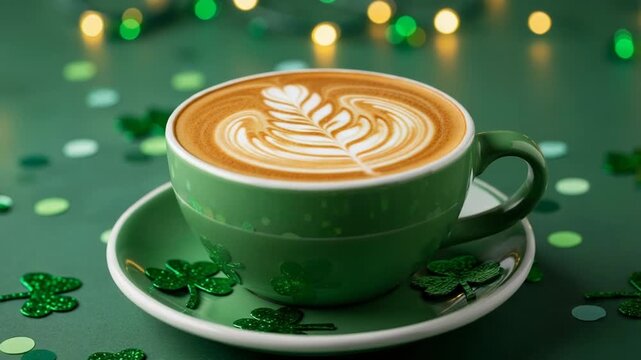 St patricks day latte with shamrock decorations