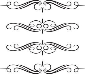 Four black decorative ornamental dividers with swirls on white background separator flourish