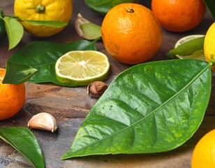 Citrus Fruits and Leaves on Wooden Surface.