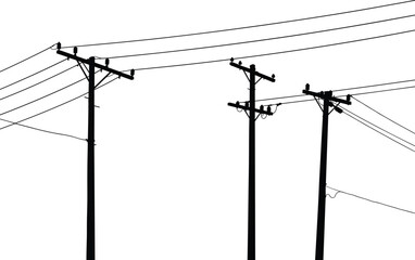 Silhouette of utility poles with crossarms, insulators, power lines, rural electricity distribution, energy infrastructure, industrial landscape, high voltage electrical grid