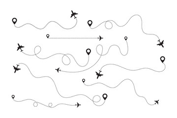 Airplane Route Path with Dotted Line and Pin Location. Airplane dotted route line set. Dashed Line Flight Path with Global Map Elements. Flight Route Vector. Plane Path with GPS Tracking and Location.