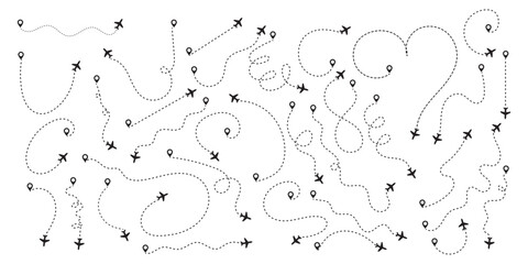 Airplane dotted route line set. Jet Flight Path Map. Airplane Travel Route. Dashed Line Flight Path with Global Map Elements. Plane Path with GPS Tracking and Location Icons. Vector Illustration.