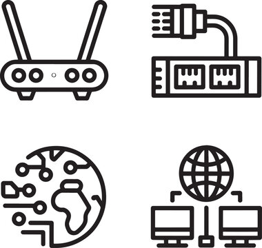 Four black outline icons for router, network cable, earth circuit, and connected computers modem wifi