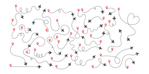 Airplane routes set. Airplane Route Path with Dotted Line and Pin Location. Jet Flight Path Map. Airplane Route with Navigation Line and Destination Marker. Vector Illustration. eps10