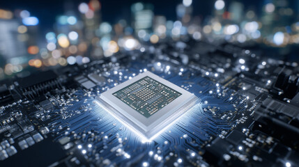 A futuristic GPU with visible microchips and vapor chamber cooling, surrounded by shimmering reflections of LED lighting