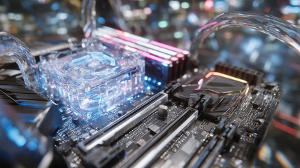 A powerful graphics card glowing with RGB lights inside a transparent system unit, surrounded by sleek cables and metallic reflections, captured in hyperrealistic close-up detail