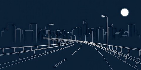 Stunning minimalist city skyline at night with illuminated highway promising progress, innovation, and a bright future for modern urban development projects