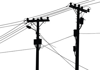 Silhouette of utility poles with crossarms, insulators, transformers, power lines, electricity distribution, urban infrastructure, industrial landscape, high voltage 