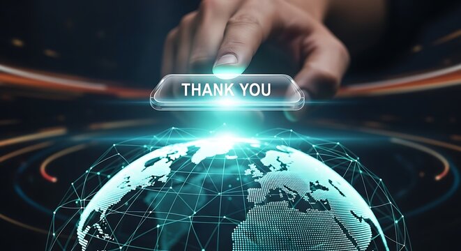 Hand touching a glowing button with the text thank you over a digital globe