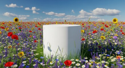 A White Pedestal Stands In A Field Of Wildflowers Under A Bright Blue Sky