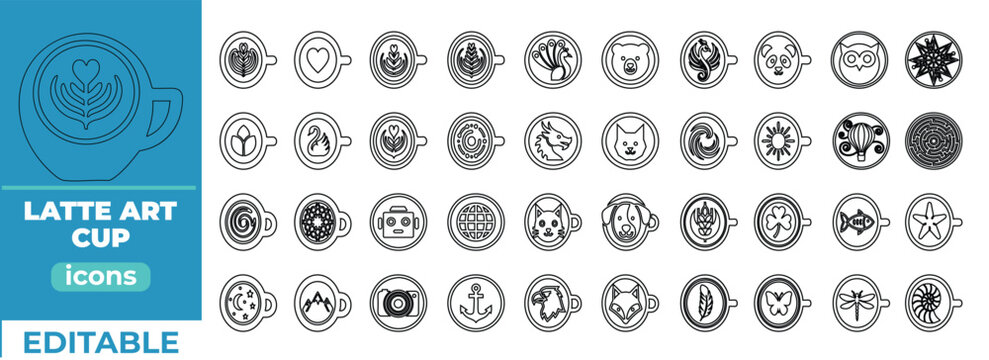 Elegant editable latte art cup line icons