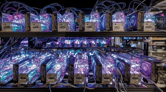 Mining rig filled with dozens of high-end GPUs mounted on aluminum frames, glowing with electric hues