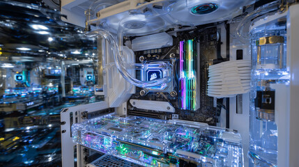 Inside a futuristic computer tower where a GPU emits pulsing RGB light through transparent coolant tubes