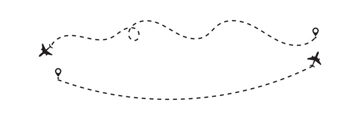 Airplane dotted line path icon. Airplane Route with Navigation Line and Destination Marker. Airplane Flight Route Map Vector with Curved Dotted Lines and Pins. Airplane Travel Route. eps10