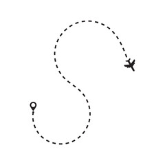 Airplane Route Path with Dotted Line and Pin Location. Dotted path airplane. Vector illustration on a isolated white background.