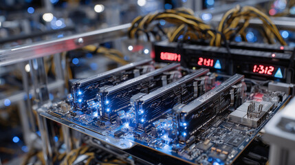 GPU stack inside a high-efficiency mining station with glowing status LEDs and digital temperature readouts