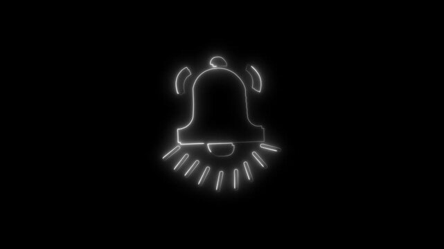4k vide White neon outline of a notification bell icon on black 
