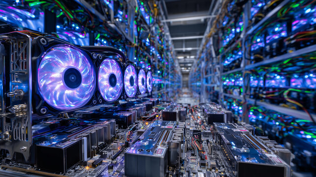 Glowing graphics cards connected in a massive mining array, blue and magenta reflections creating a sci-fi atmosphere