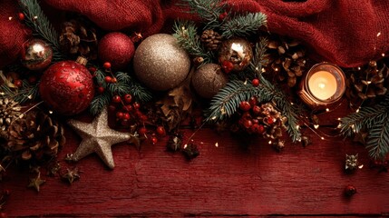 festive christmas ornaments on red wood,