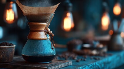A teal-colored pour-over coffee maker with a wooden handle and leather tie sits on a dark wooden surface, surrounded by coffee beans and spices, creating a warm and inviting atmosphere.