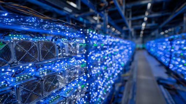 Hyperrealistic row of GPUs in a data-center-like mining setup, illuminated by cold industrial lighting