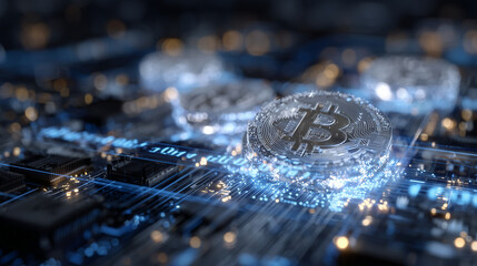 Dynamic 3D composition of multiple GPUs stacked for cryptocurrency mining, surrounded by digital glow and binary code visuals, banner layout with open space for text