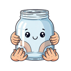Cute Glass Jar Character with Happy Face and Hands Isolated on White Background