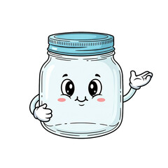 Cute Glass Jar Character with Happy Face and Hands Isolated on White Background