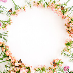 Floral Frame with Pink Blossoms and Butterflies