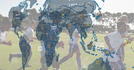 Six soccer players sprinting across pitch causing world map overlay and sports data icons expanding - Powered by Adobe