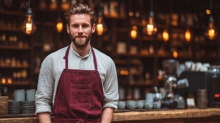 Fototapeta premium A friendly cafe worker in a maroon apron stands confidently behind a rustic bar, showcasing a warm and inviting atmosphere.