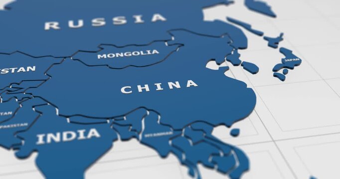 close-up 3d map of china and east asia region 4k animation