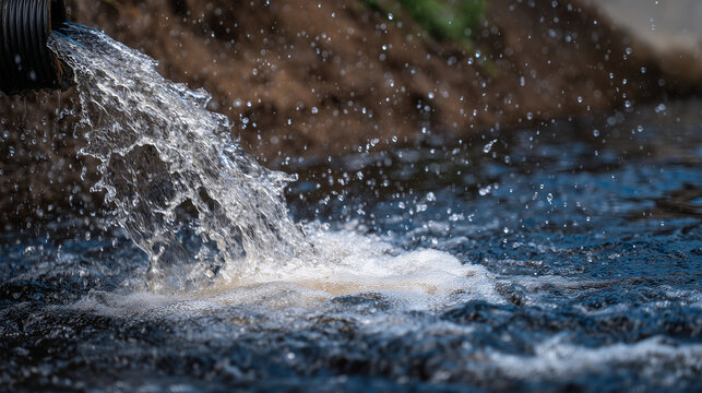 High-detail shot of waste effluent bursting from a large industrial pipe into a natural water body, dark swirling currents and reflections of light on contaminated surface