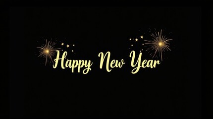 Golden happy new year text with sparkling fireworks on black background