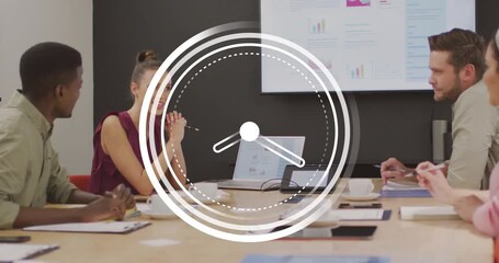 Countdown rotating over business meeting woman gesturing toward charts and team noting for wrap up - Powered by Adobe