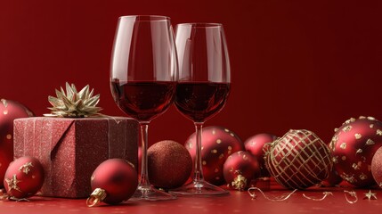 red wine glasses and christmas ornaments