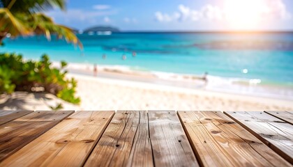 Fototapeta premium Wooden Table on Tropical Beach with Ocean View.