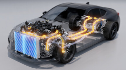 High-resolution 3D infographic-style render of a car cooling system, labeled radiator, fan, and coolant loop with glowing visualization and clean background