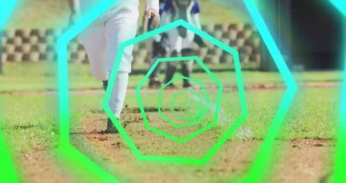 Bursting from batter box runner sprinting to reach first base as neon rings spiraling around legs