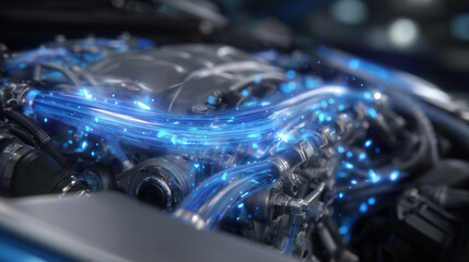 Stylized 3D concept art of engine cooling process, coolant glow traveling through fluid lines and metallic connectors, perfect for auto tech presentations