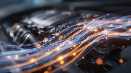 Stylized 3D concept art of engine cooling process, coolant glow traveling through fluid lines and metallic connectors, perfect for auto tech presentations