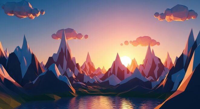 Low Poly Mountain Range Reflecting Sunset Over Calm Water with Polygonal Clouds - Powered by Adobe