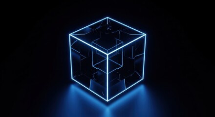 Luminous Blue Neon Cube with Shattered Interior on Dark Background