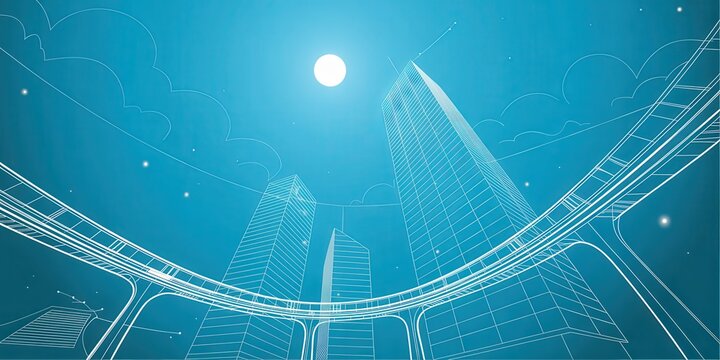 Modern cityscape blueprint with bright moon and elevated road, perfect for architecture firms, construction companies, and urban planning presentations